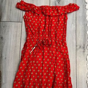Red floral cotton off the shoulder dress